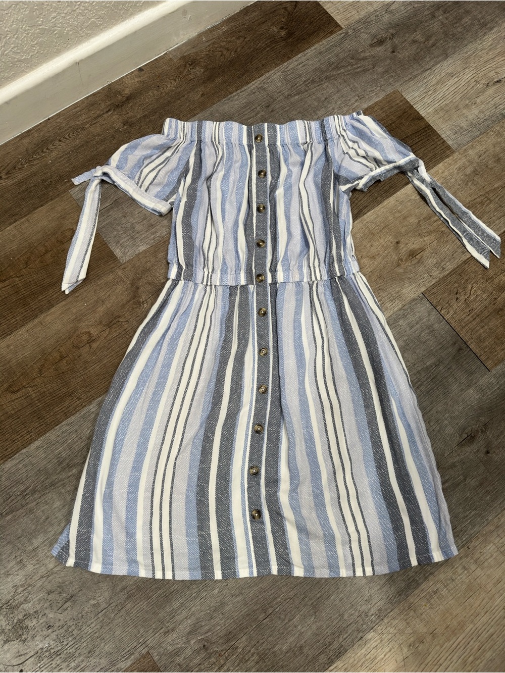 Derek Heart Blue and White Striped Off-Shoulder Dress